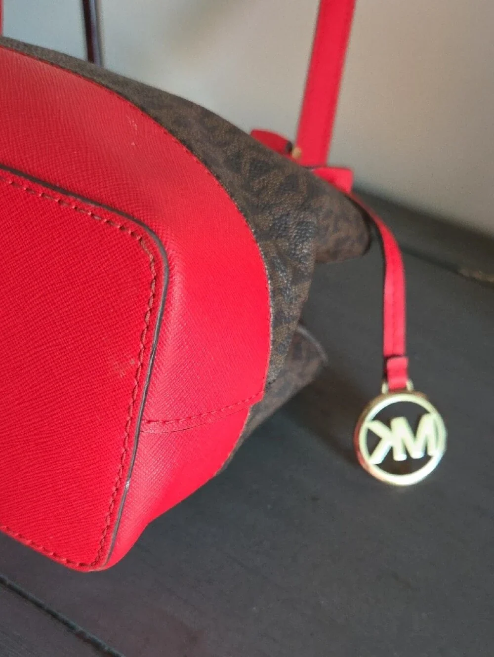 Michael Kors Savannah Small Satchel Brown Logo with Red Trim